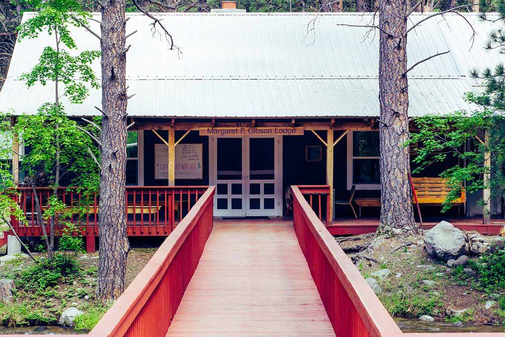 Entrance to Camp Story's historic rustic lodge