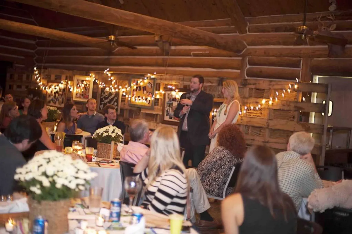 Couple speaking at reception