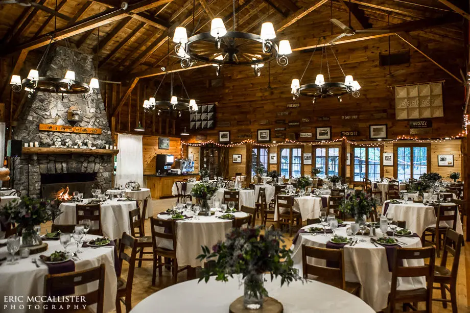 Gorgeous rustic camp dinning hall reception