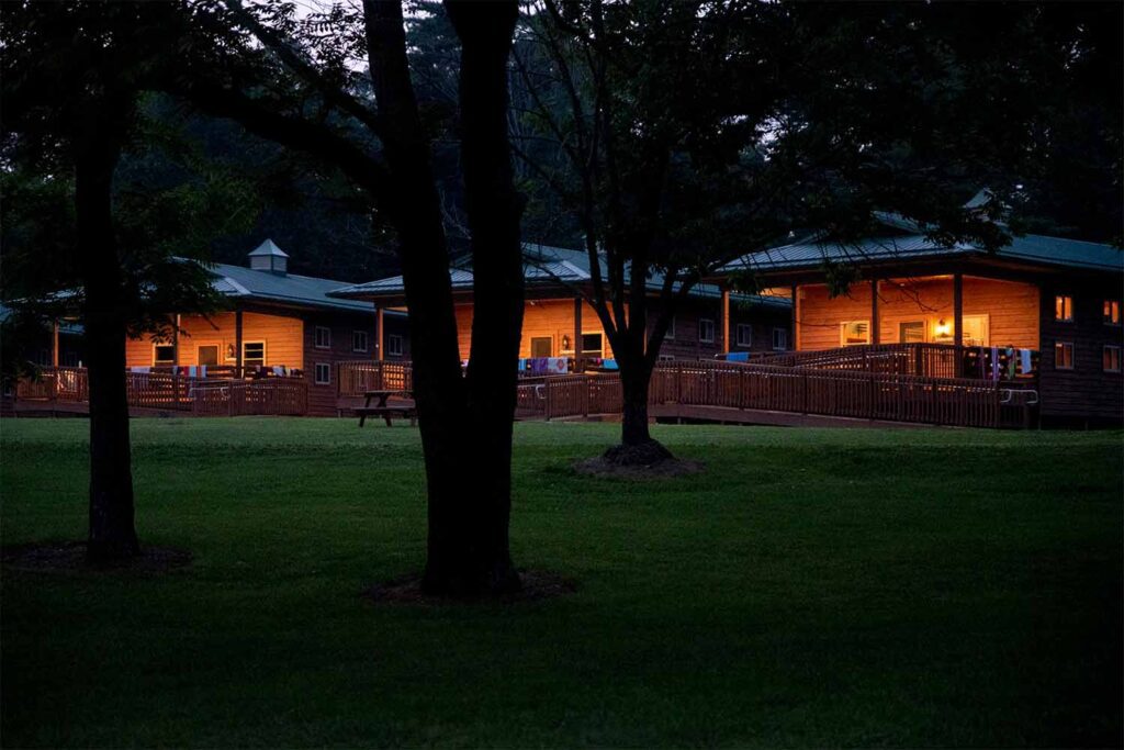 Cabin exteriors at night