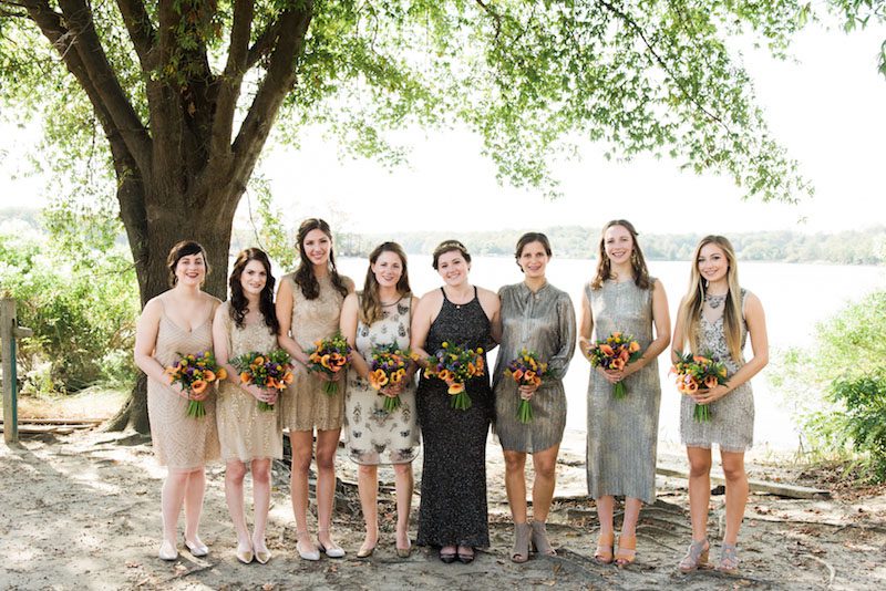 Bridesmaids near lake