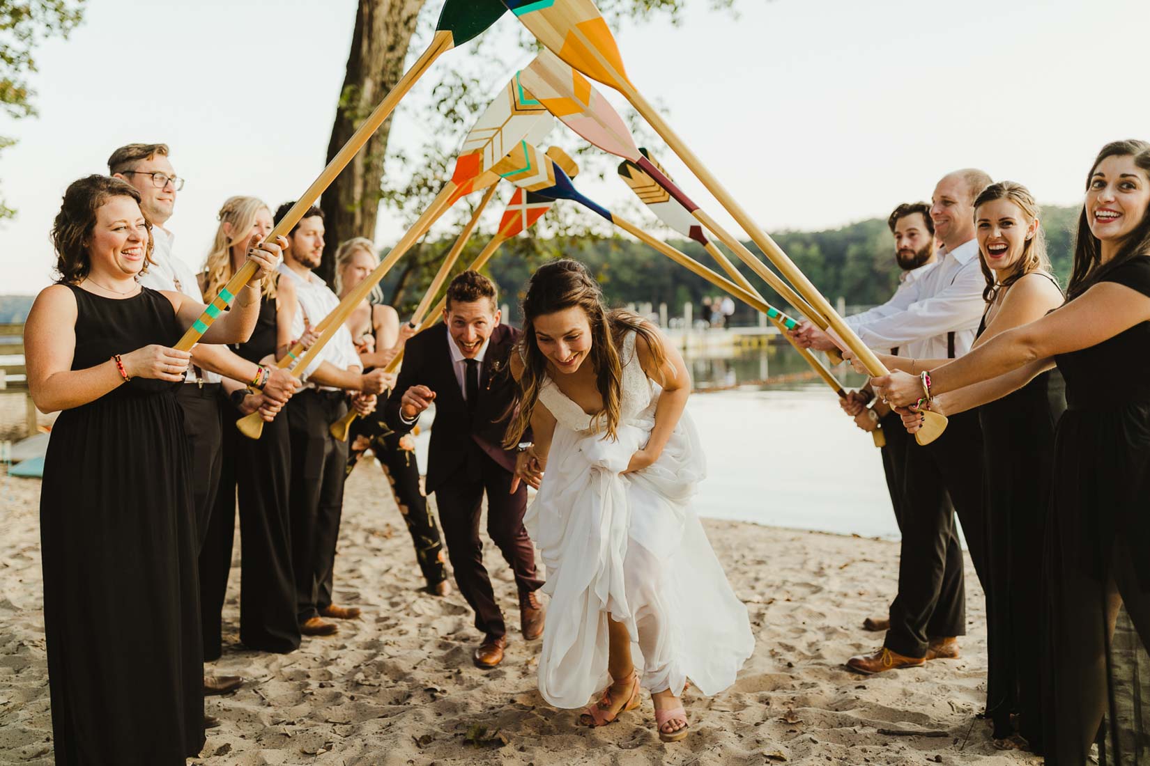 Wedding party at lake beach