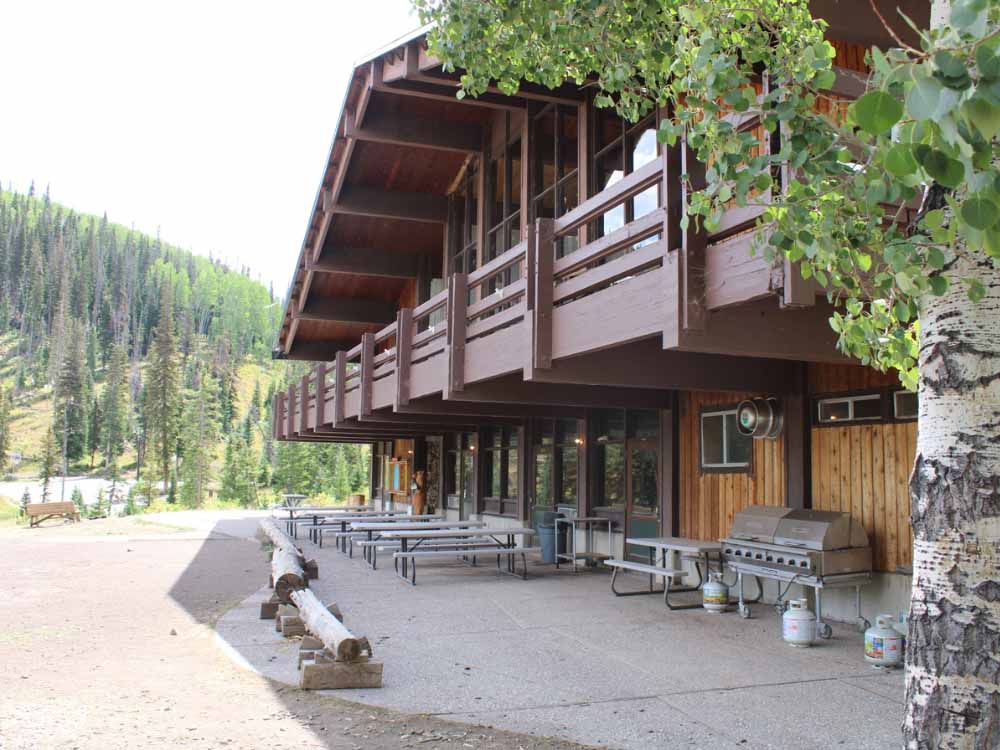 Exterior of mountain-side lodge at Mill Hollow