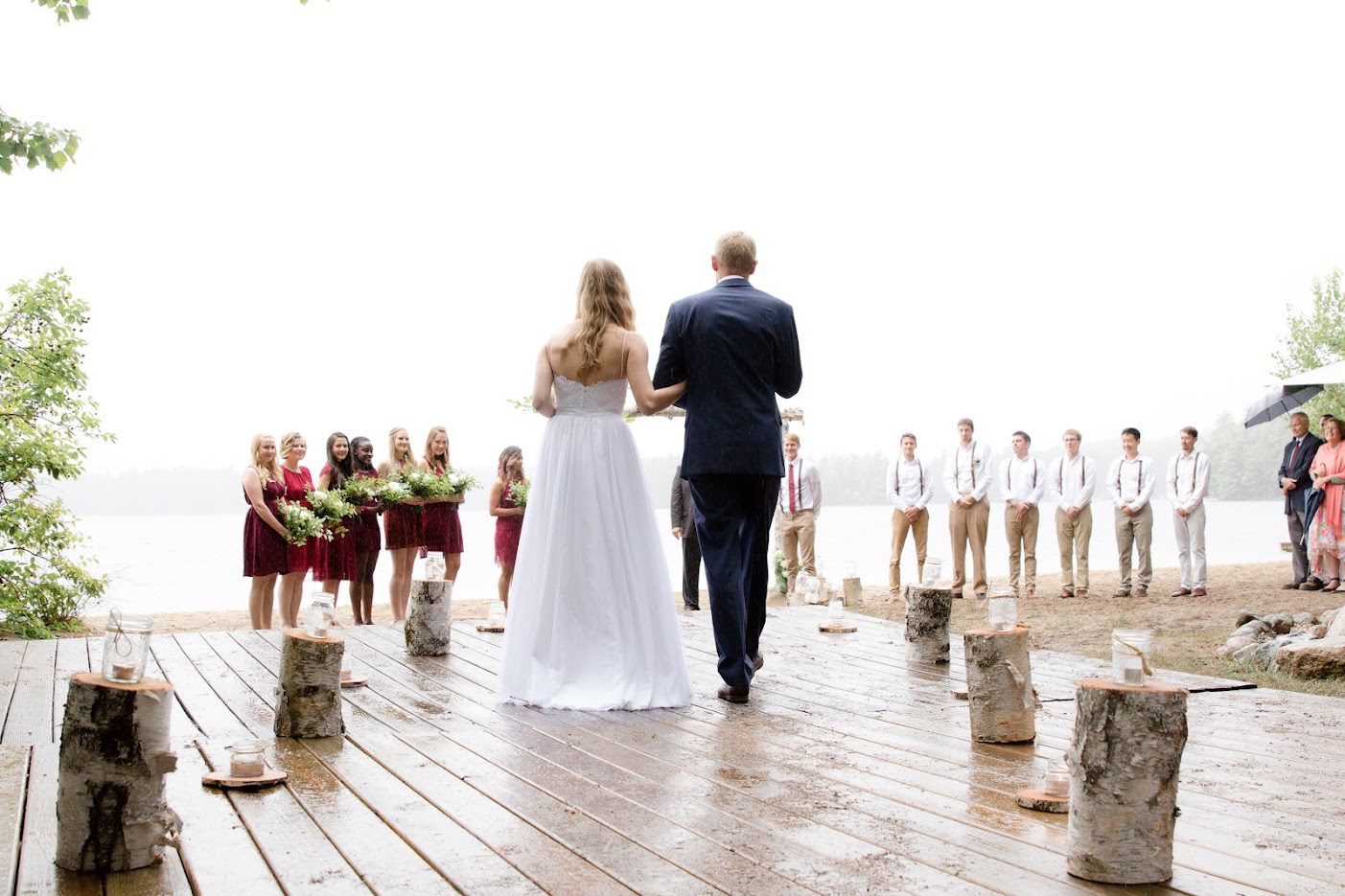 Bride walking down dock