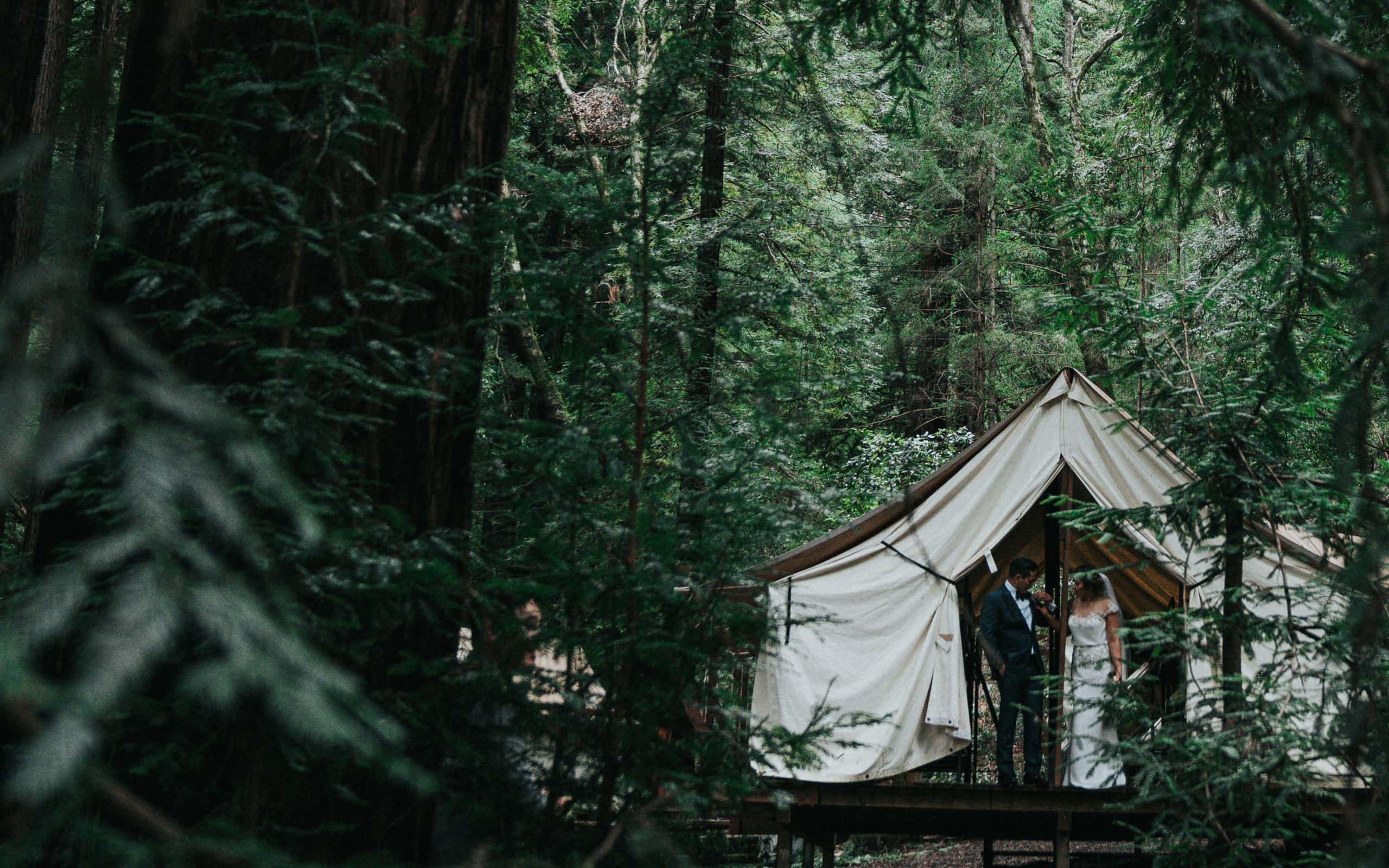 Bride and groom in platform tent
